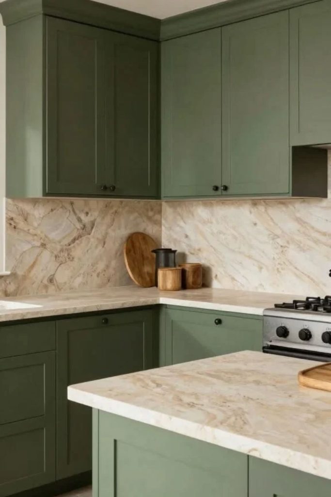 Olive green shaker cabinets with marble countertops.