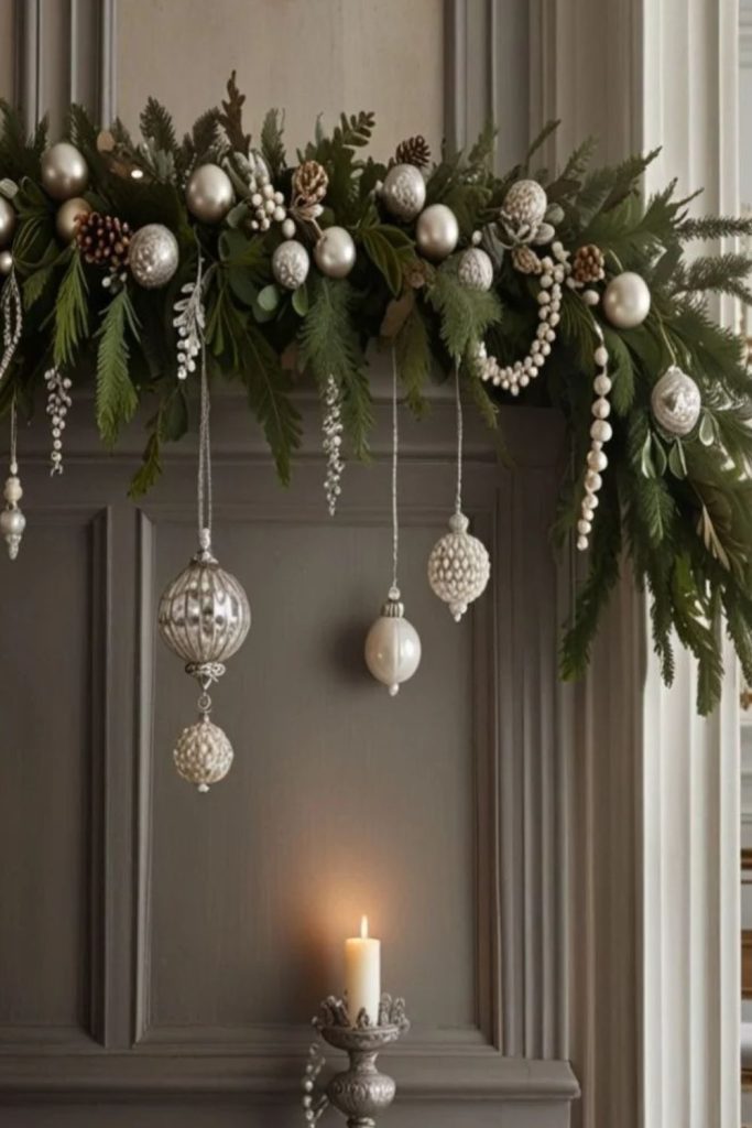 Silver bell garland with evergreen branches.