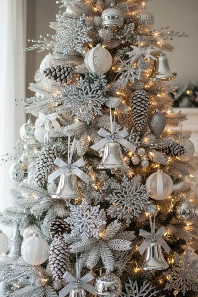 Silver tinsel Christmas tree with sparkling decorations.