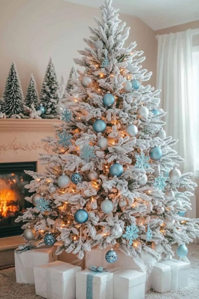 Silver and ice blue snowy Christmas tree.