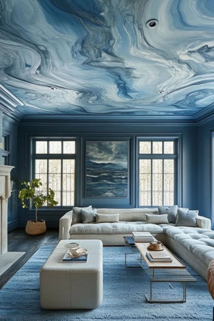 Sky blue trompe-l'oeil ceiling design.