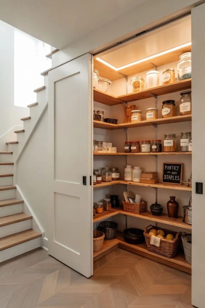 Small pantry featuring practical sliding doors.