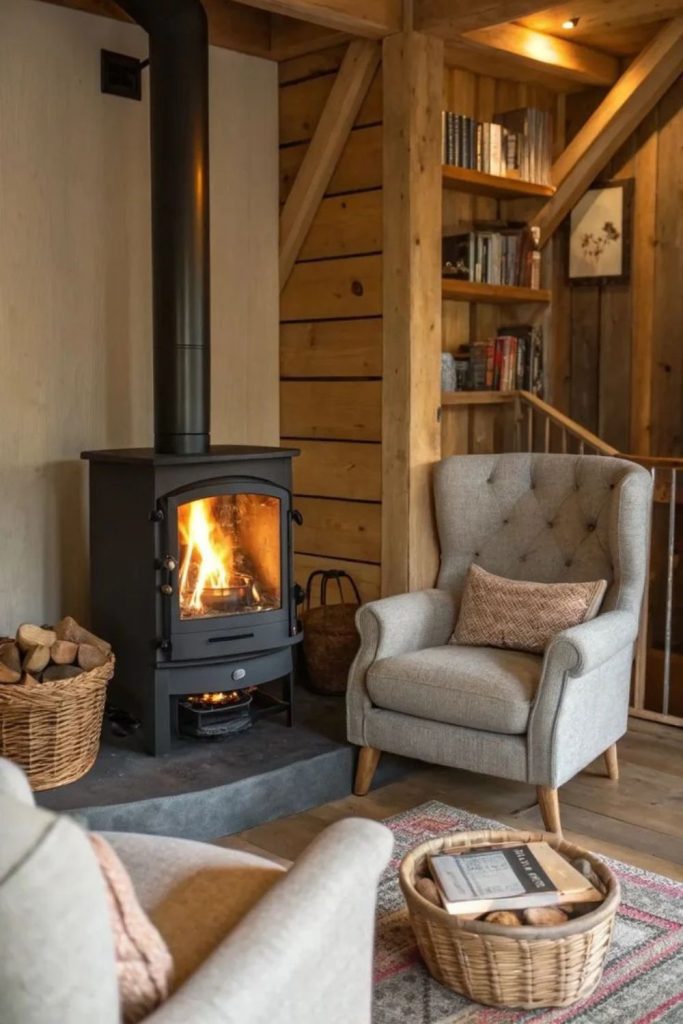 Small living room stove corner design.