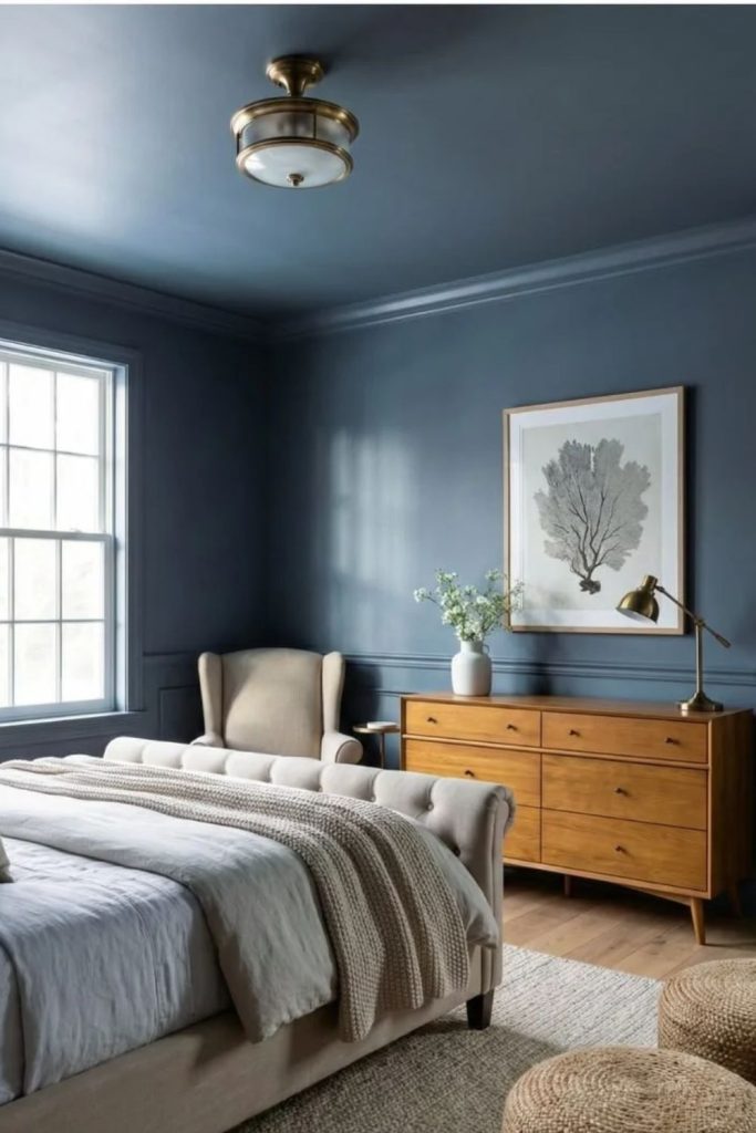 Smoky blue tranquil colour drenched bedroom.