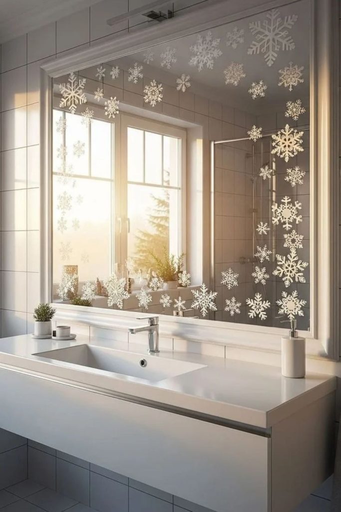 Snowflake accessories creating a frosty Christmas bathroom.