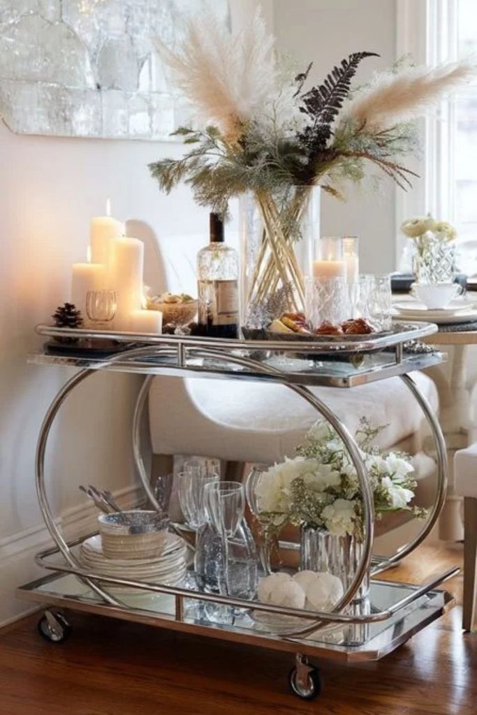 Silver snowflake Christmas bar cart with sparkling glassware.