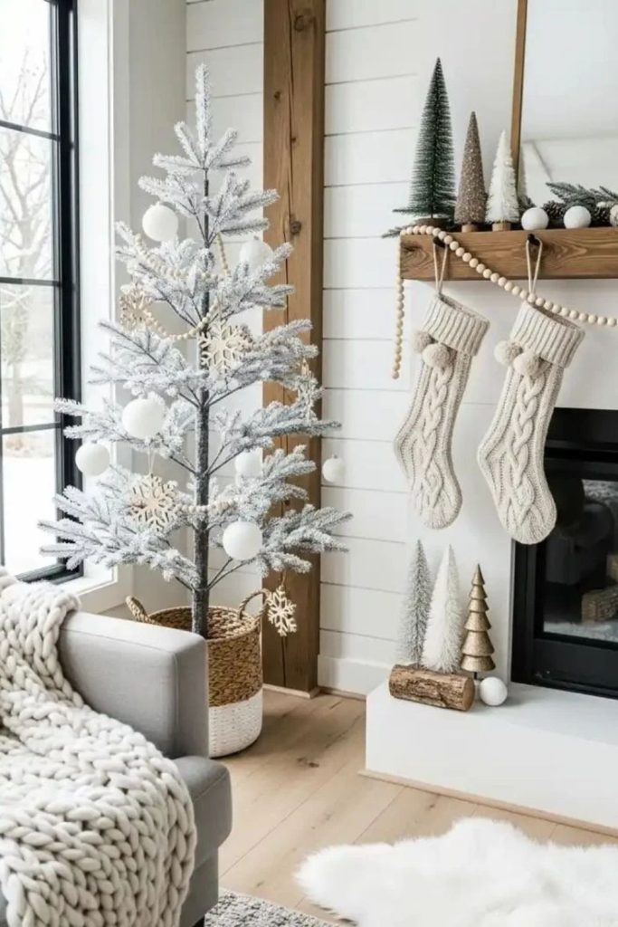 Snowy birch branch Christmas corner decor.