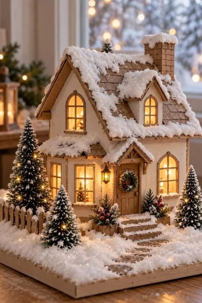 Snowy Christmas village with glowing cottages.