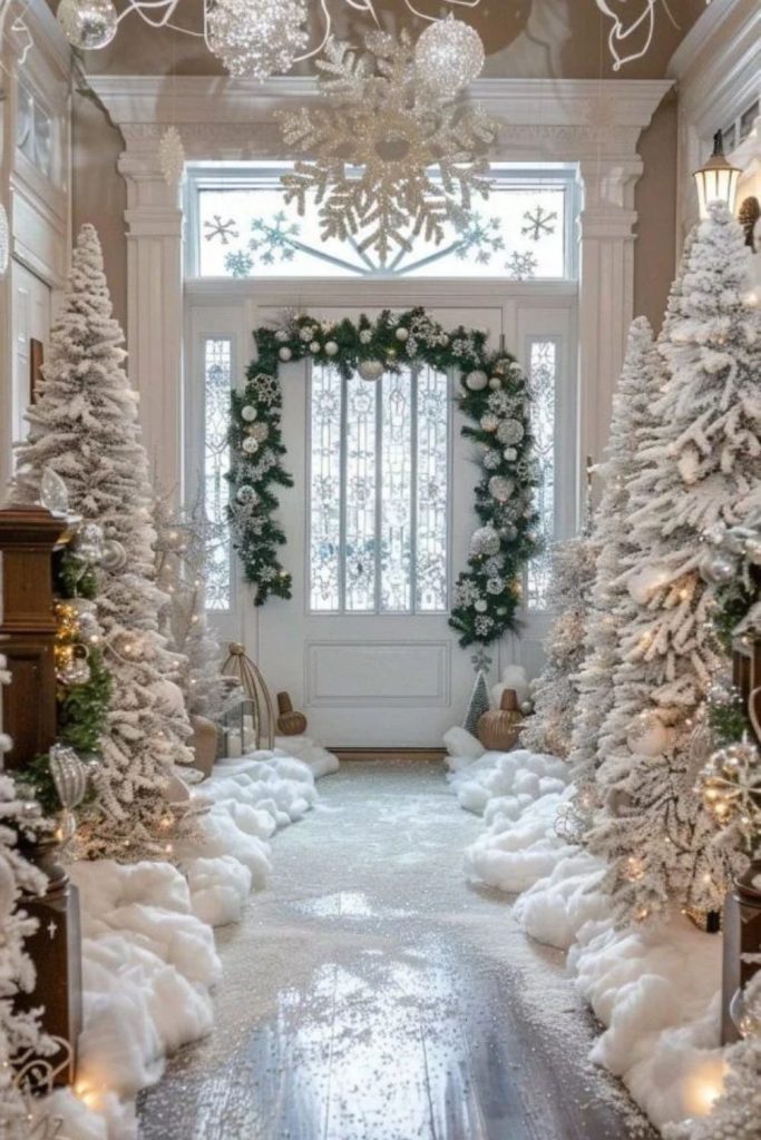 Snowy farmhouse entryway with rustic holiday decorations.