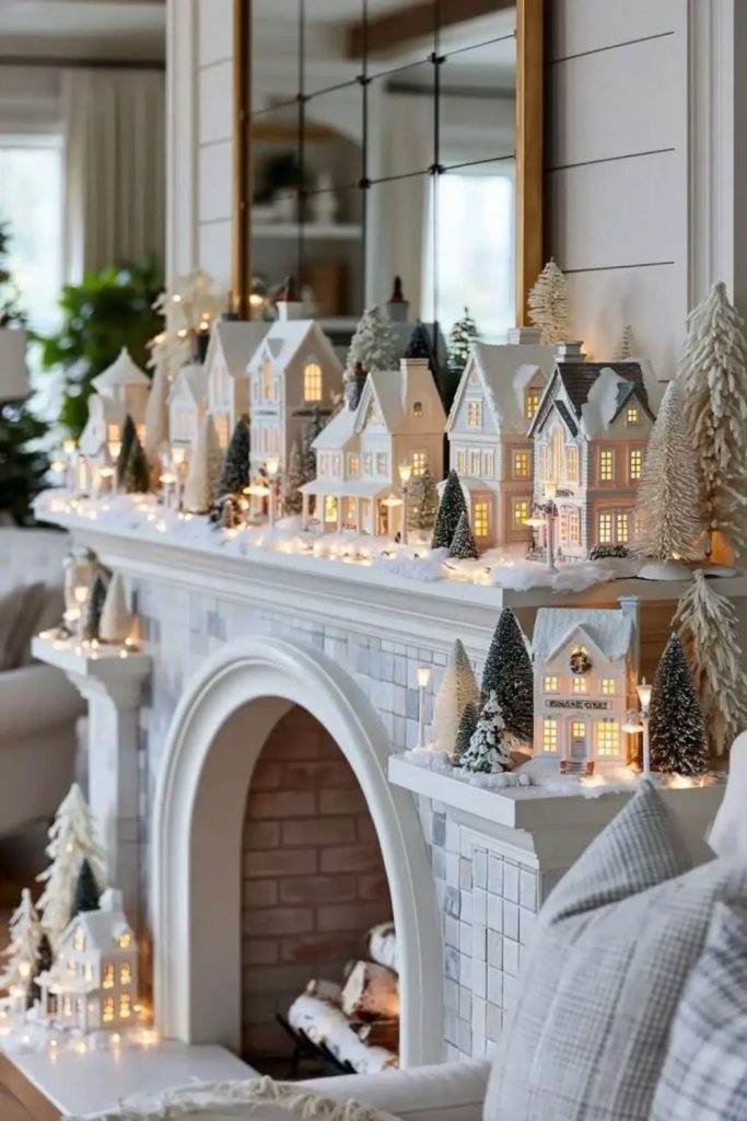 Snowy Nordic Christmas village mantel display.