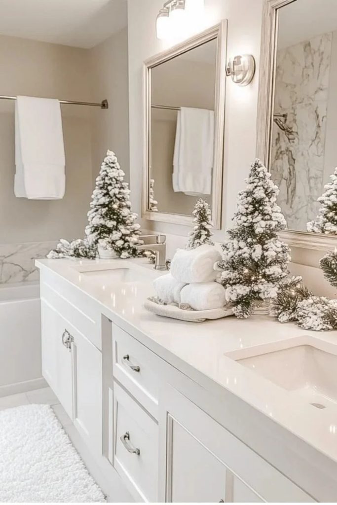 Snowy white winter wonderland bathroom decorations.