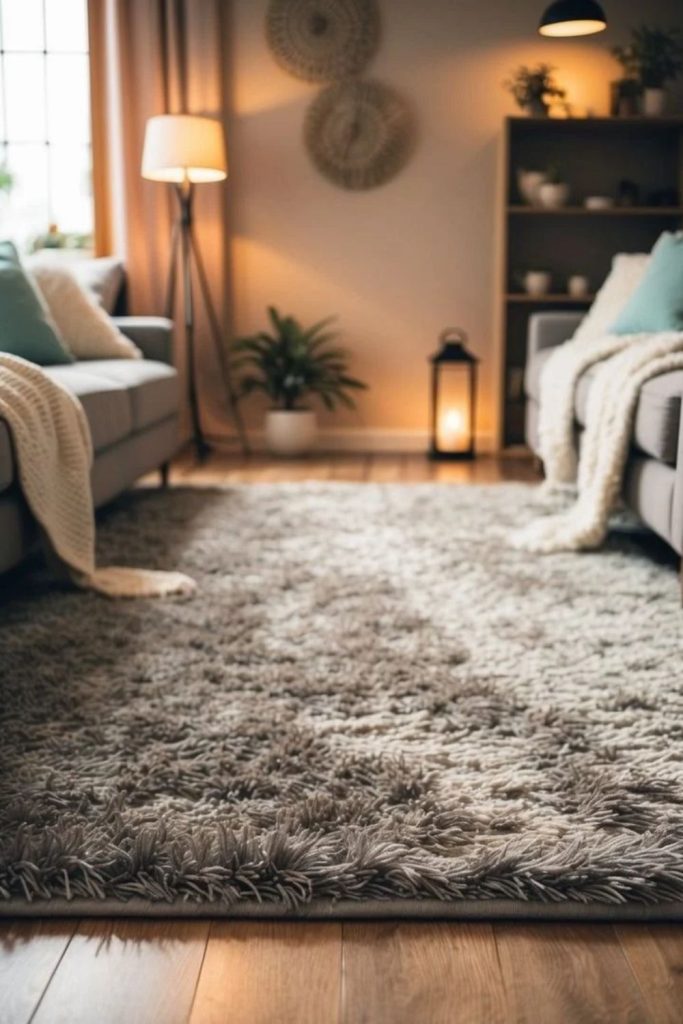 Soft gray hygge living room with warm lighting.