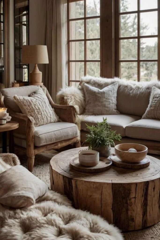 Soft neutral hygge living room with cozy textures.