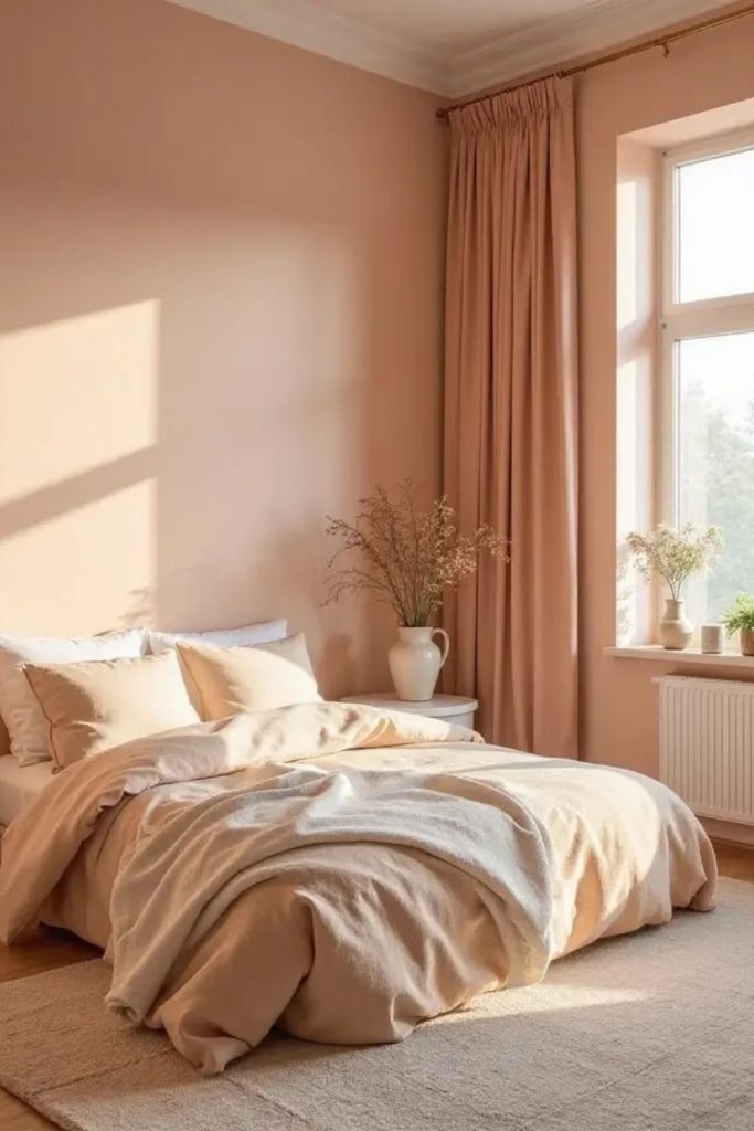 Soft peach warm colour drenched bedroom.