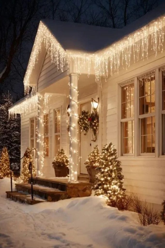 Cascading icicle lights along festive roof edges.