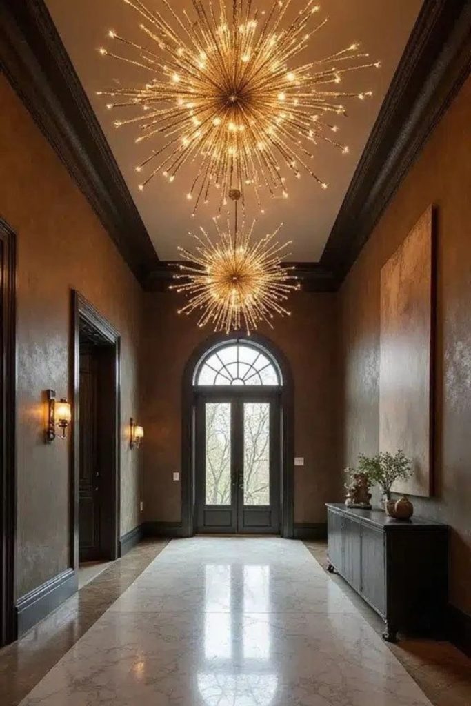 Dramatic starburst chandelier statement ceiling.