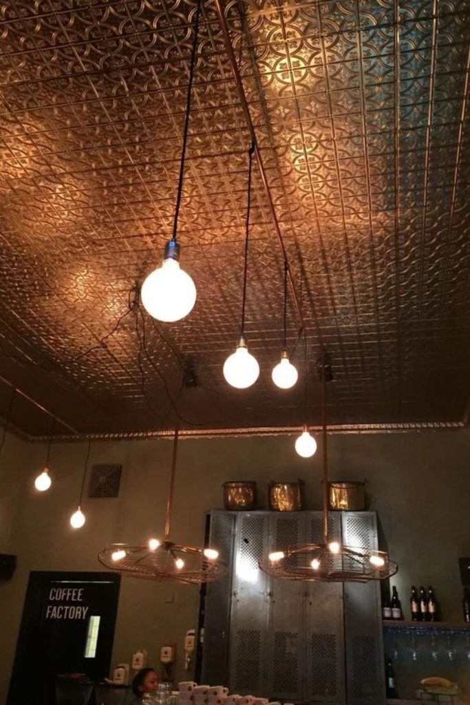 Vintage decorative tin tile ceiling.