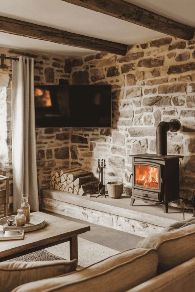 Stone fireplace with rustic log burner.