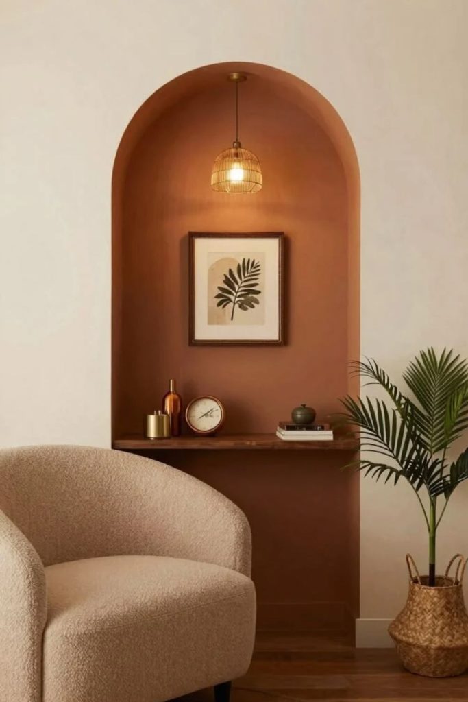 Terracotta arched wall niche displaying pottery