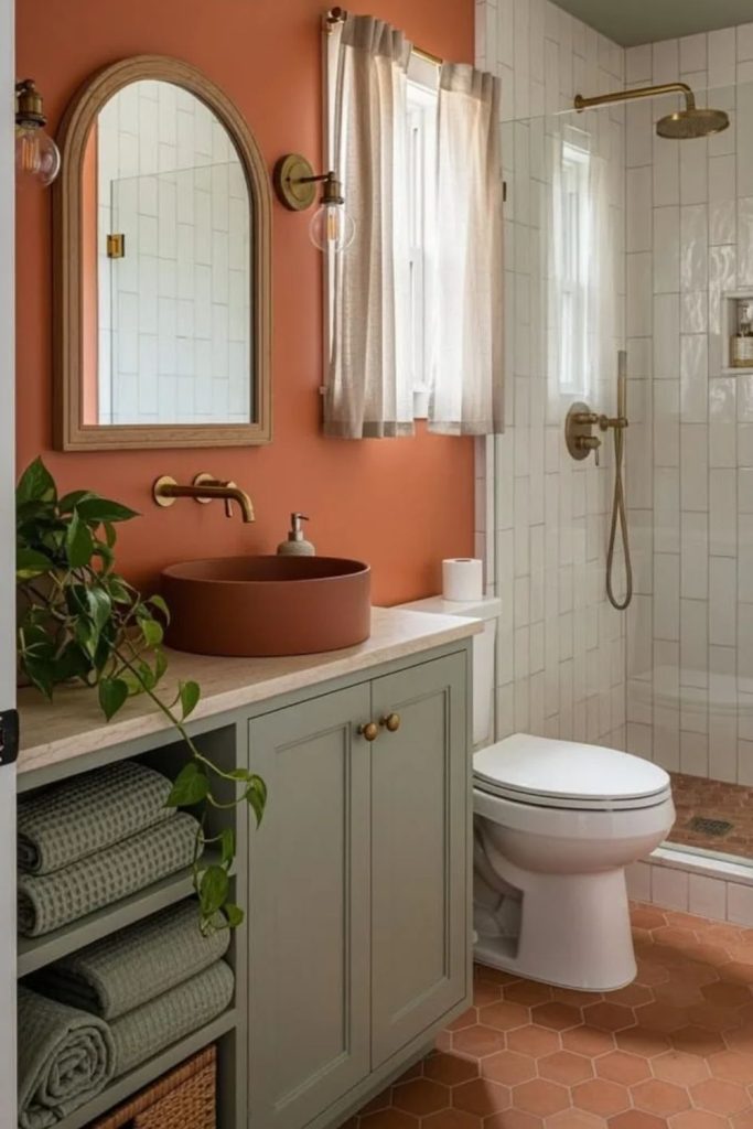 Terracotta bathroom accessories with neutral towels