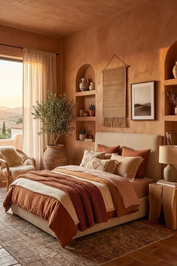 Terracotta bedroom retreat with warm bedding