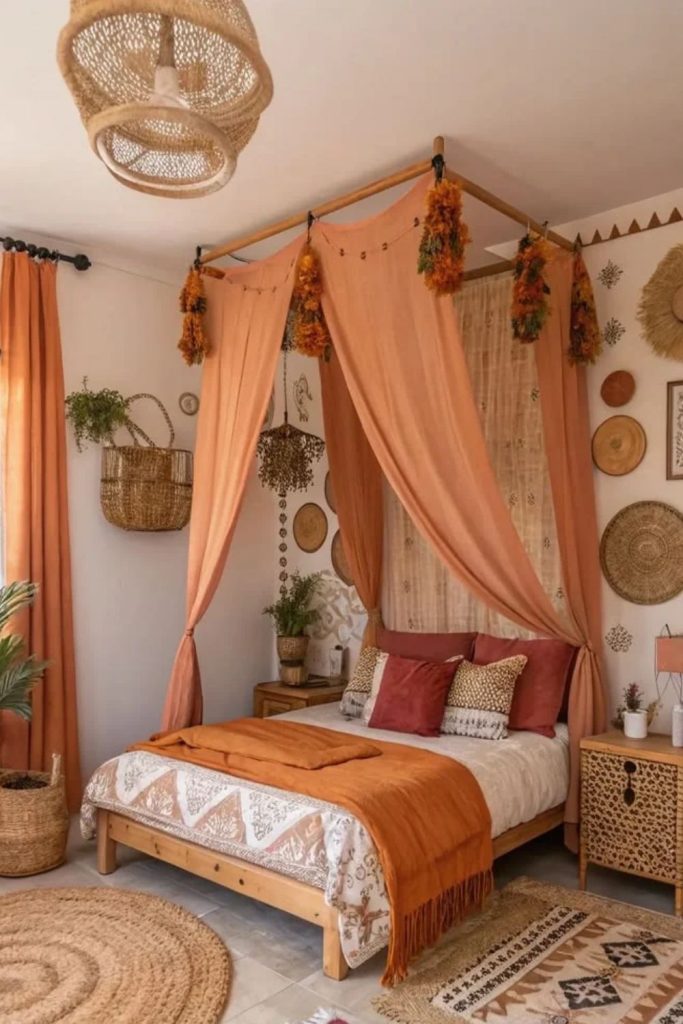 Terracotta boho bedroom with flowing canopy curtains