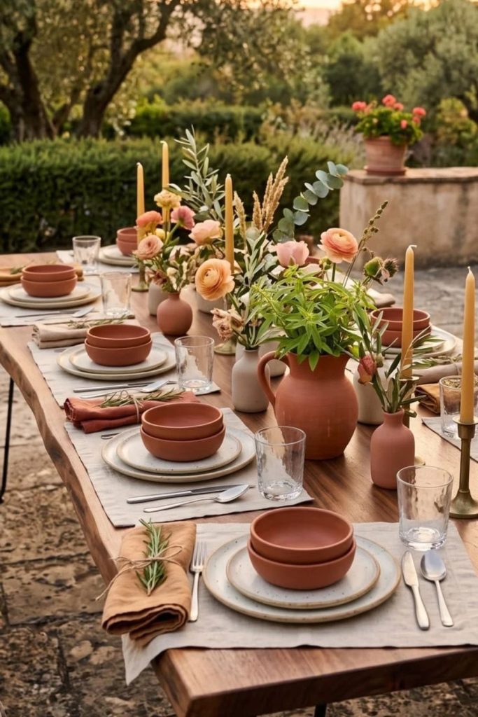 Terracotta tableware with linen dining accessories