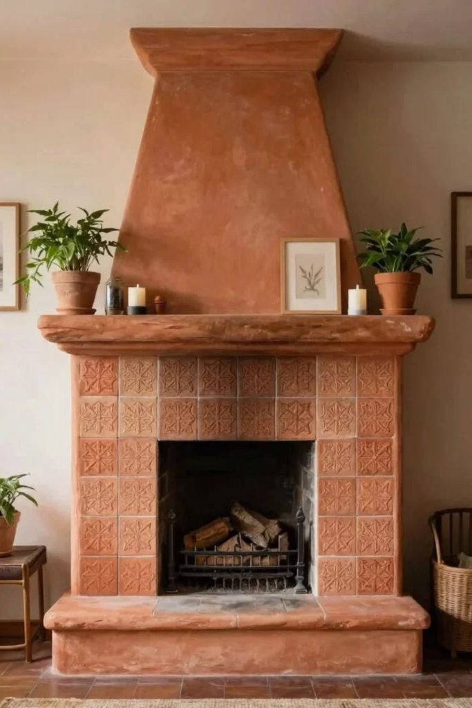 Terracotta fireplace surround in cozy living room