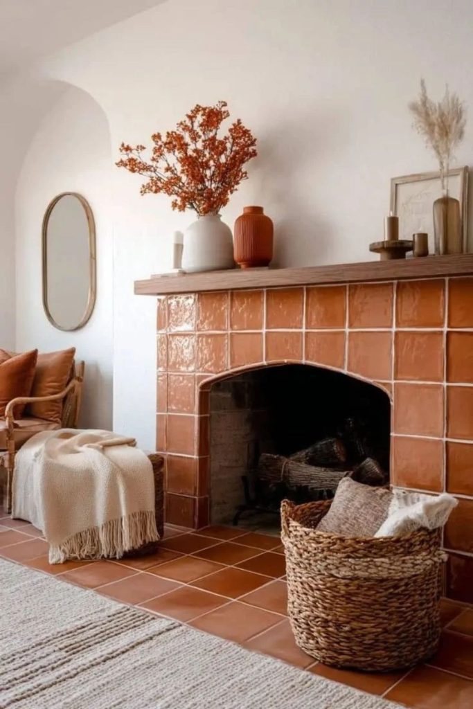 Terracotta living room with warm burner.