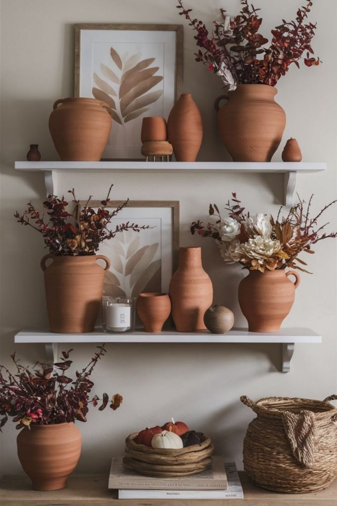 Terracotta gallery shelf with artistic pottery