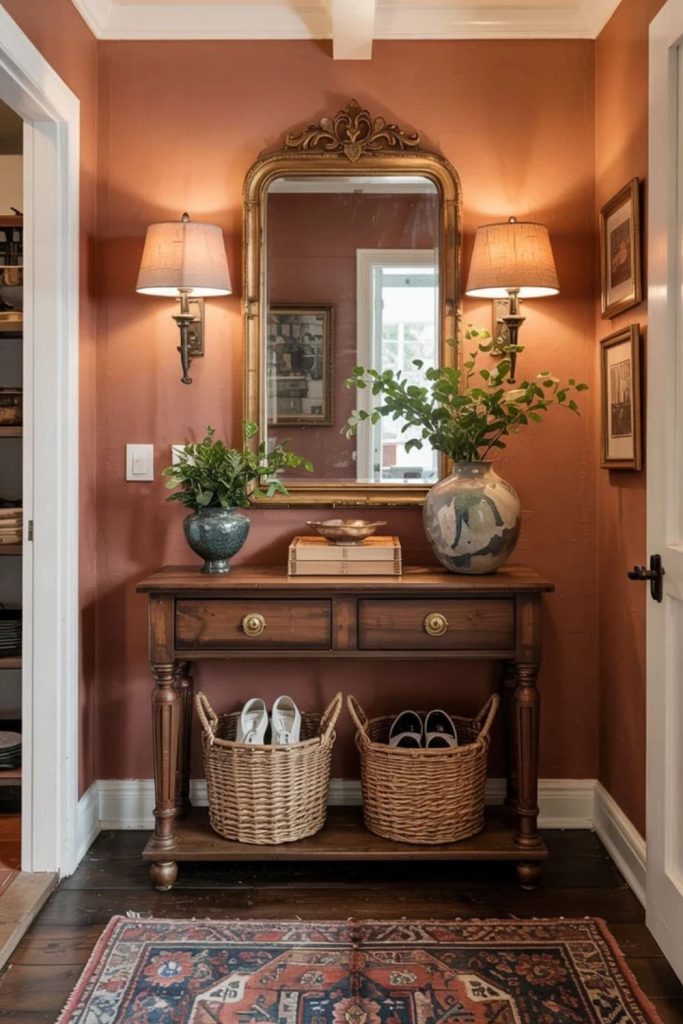 Terracotta hallway console with decorative ceramic vases