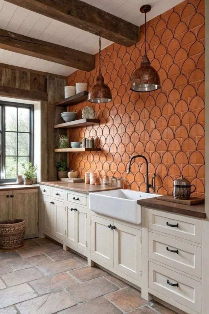 Terracotta kitchen backsplash with natural wood cabinets