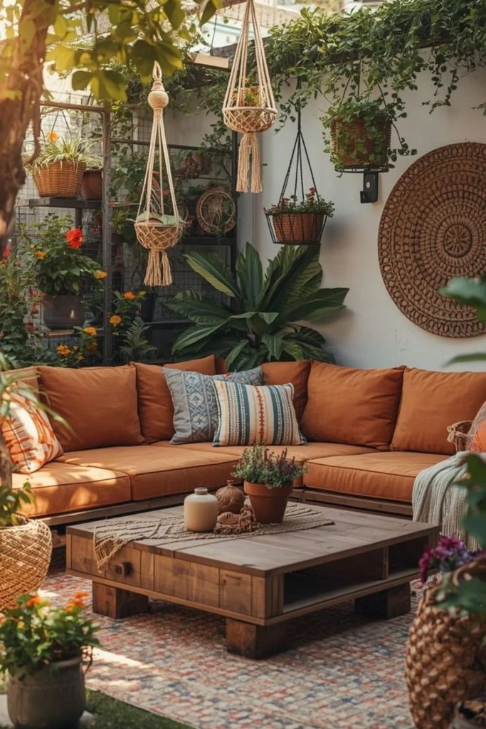 Terracotta patio decorated with plants and cushions