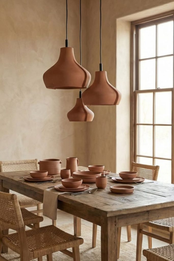 Terracotta pendant lighting above modern dining table