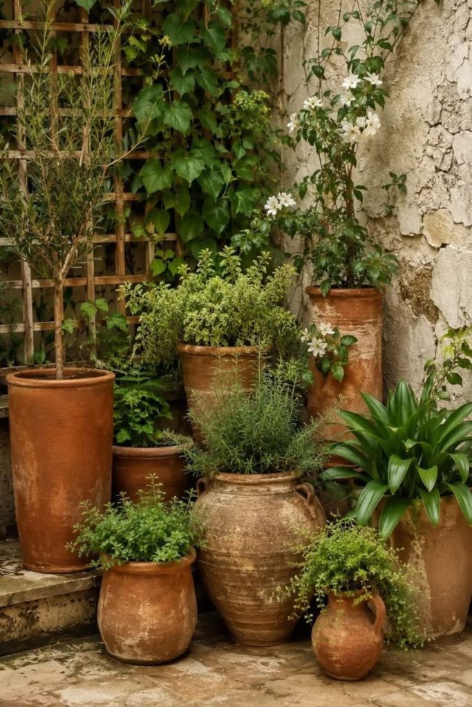 Terracotta planters filled with lush greenery