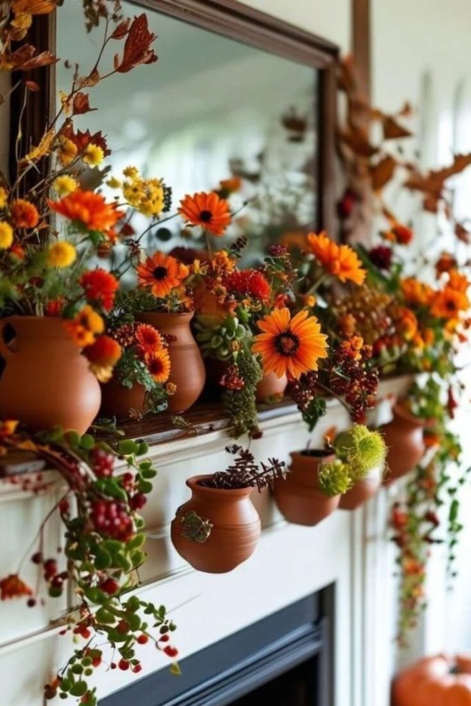 Terracotta seasonal mantel with dried floral accents