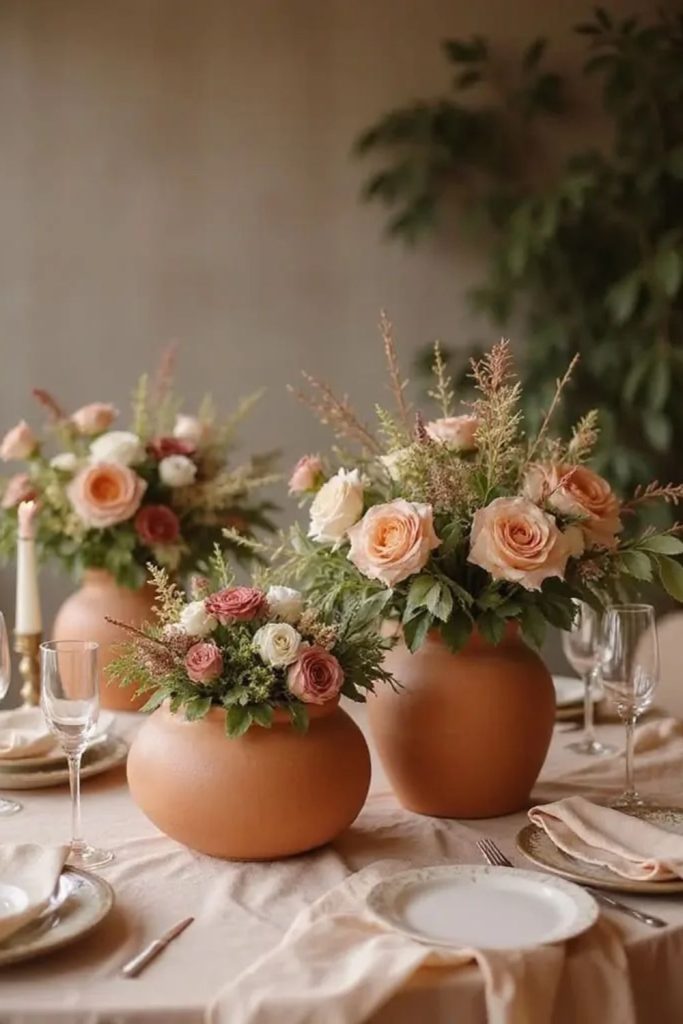 Terracotta centerpiece styled on wooden dining table