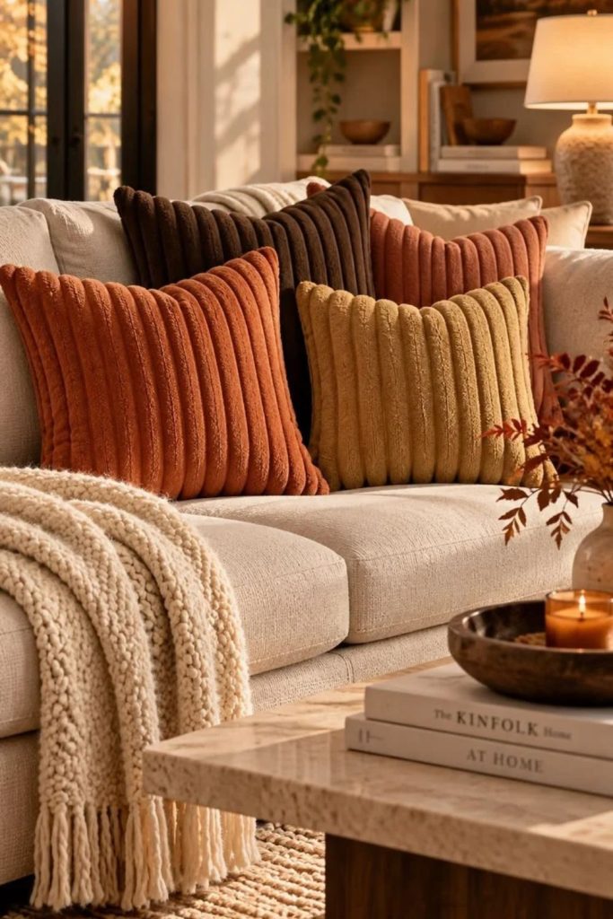 Terracotta throw pillows on comfortable neutral sofa