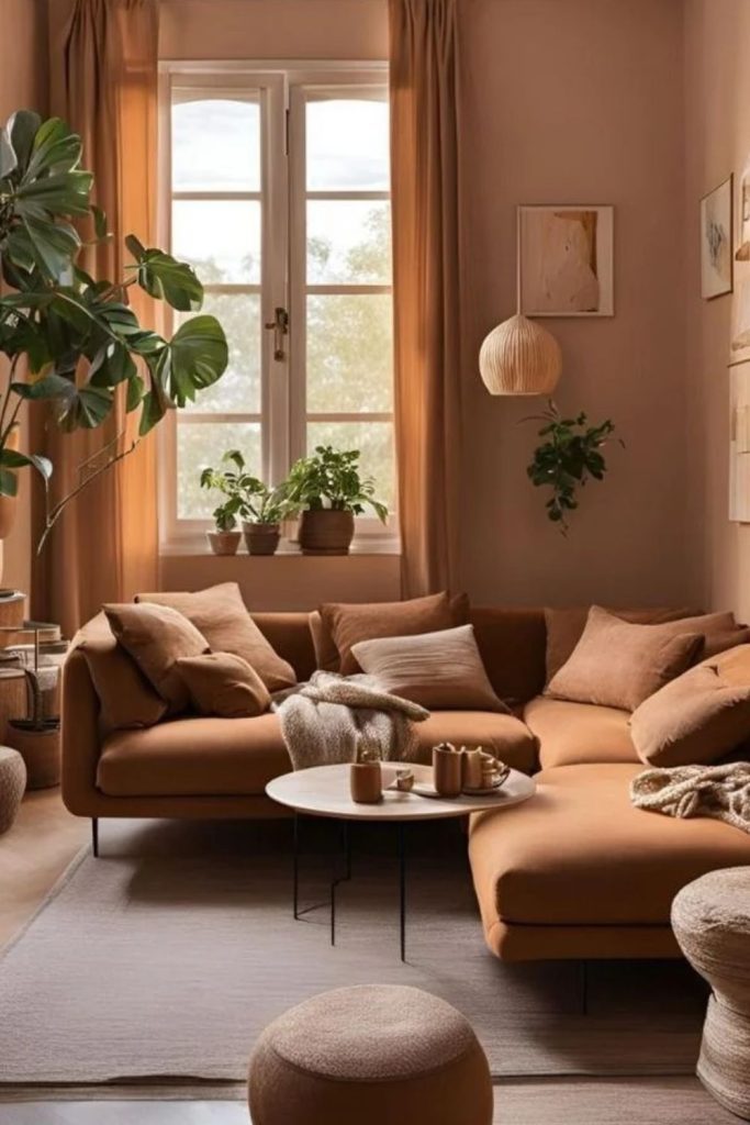 Terracotta accents in warm hygge living room.