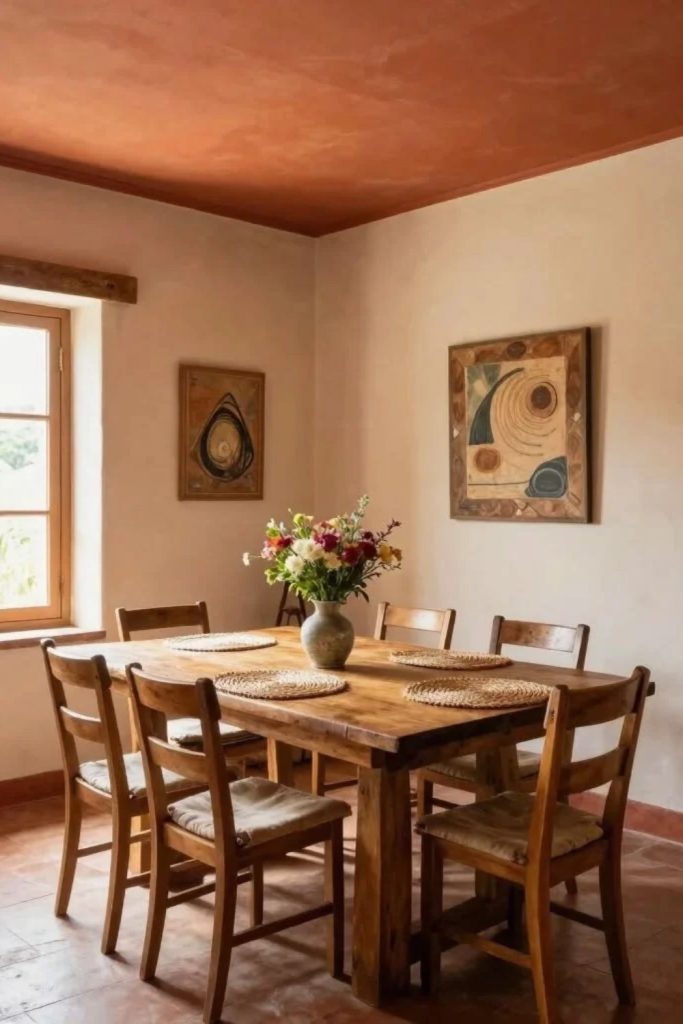 Warm terracotta painted statement ceiling.