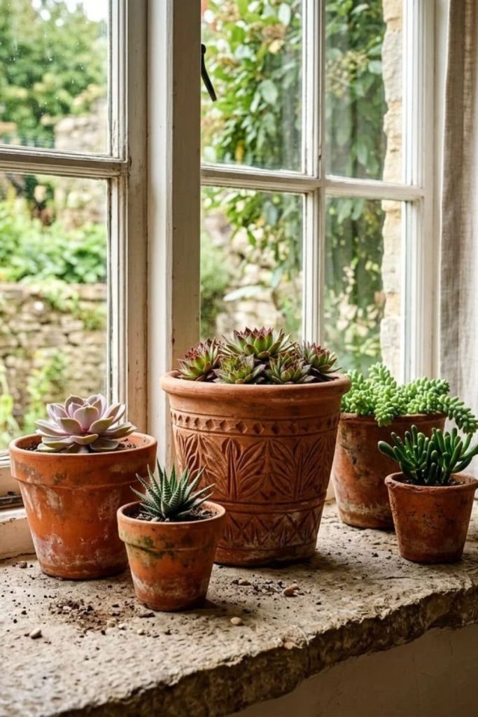 Terracotta pots arranged along sunny window ledge