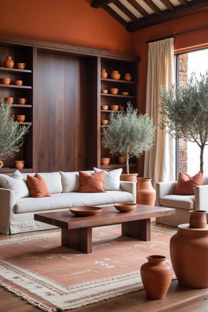 Terracotta decor paired with natural wooden furniture