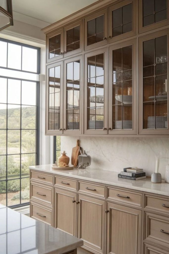 Timeless neutral pantry with warm wooden accents.