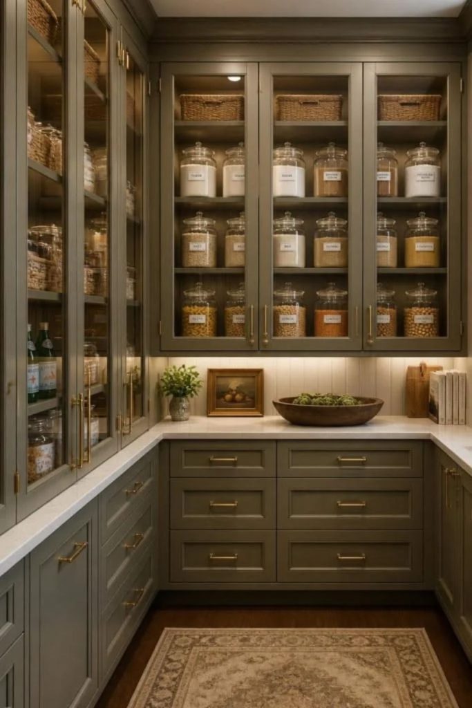 Traditional pantry featuring classic glass cabinets.