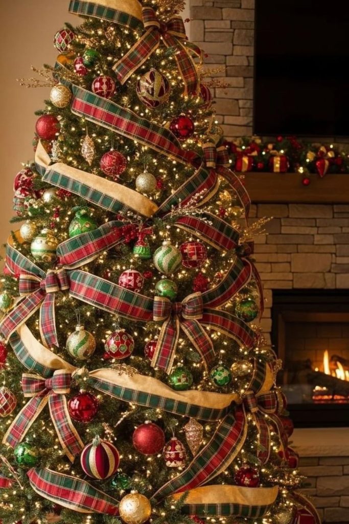 Traditional plaid Christmas tree with rustic ornaments.
