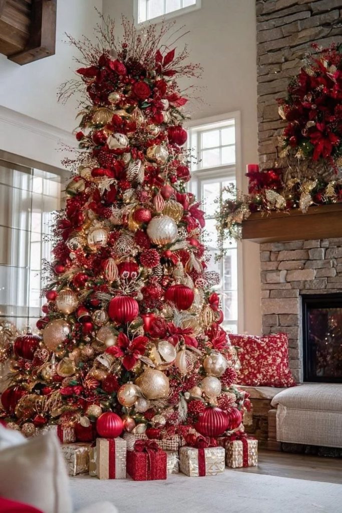 Traditional red and gold flocked Christmas tree.