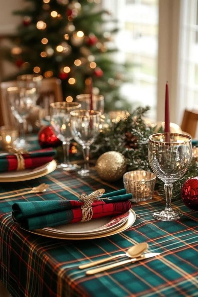 Traditional tartan Christmas dining table with greenery.