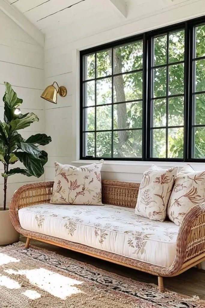 Tropical cane daybed with oversized white cushions