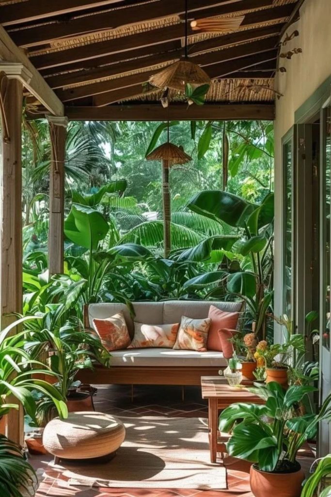 Tropical Resort Orangery with Palm Plants.