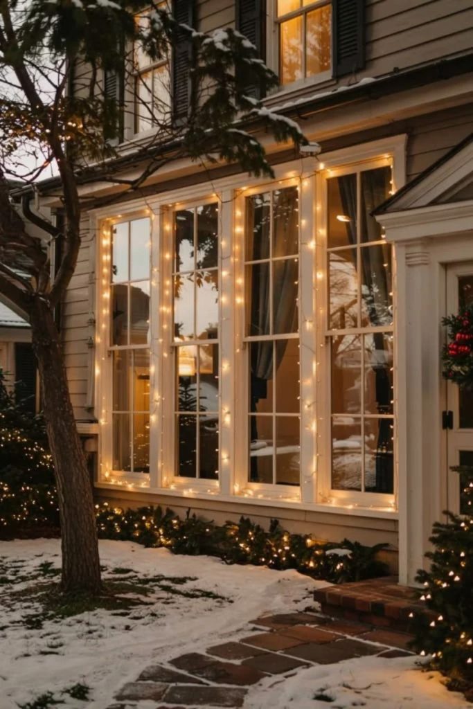 Elegant Christmas lights outlining exterior window frames.